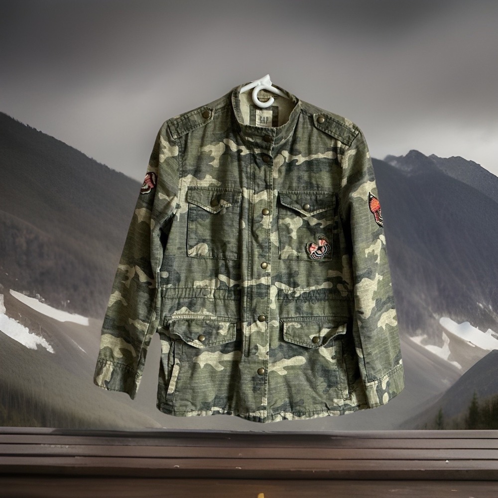 Gap Camo Utility Jacket Women's Olive Butterfly Embroidered Pockets Cinch Medium